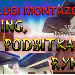Usługi montażowe: siding, podbitka, rynny. Sprzedaż materiałów. Kolaż zdjęć detali wykończenia elewacji i dachu, ukazujący różne realizacje i materiały.