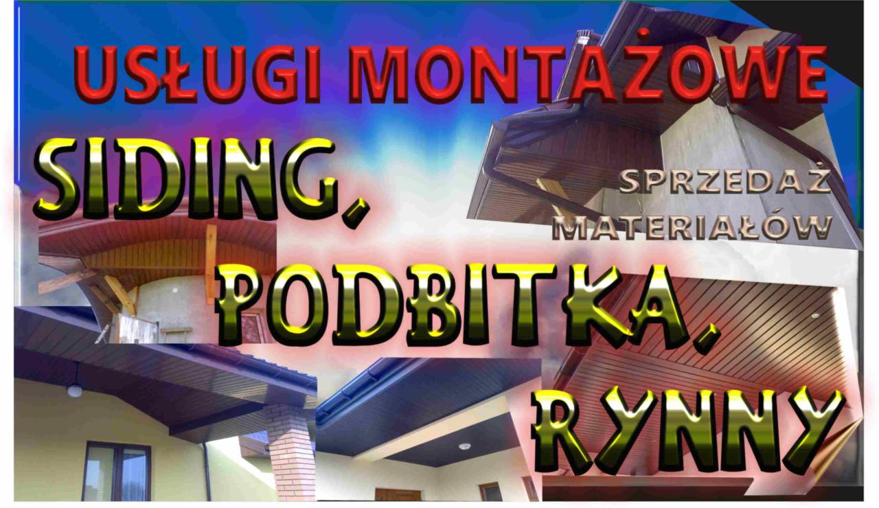 Usługi montażowe: siding, podbitka, rynny. Sprzedaż materiałów. Kolaż zdjęć detali wykończenia elewacji i dachu, ukazujący różne realizacje i materiały.