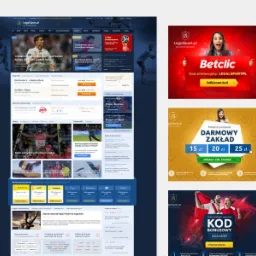 Kompozycja graficzna prezentująca stronę internetową LegalSport.pl oraz reklamy Betclic i bonusów sportowych, z elementami graficznymi i tekstowymi promującymi zakłady bukmacherskie.