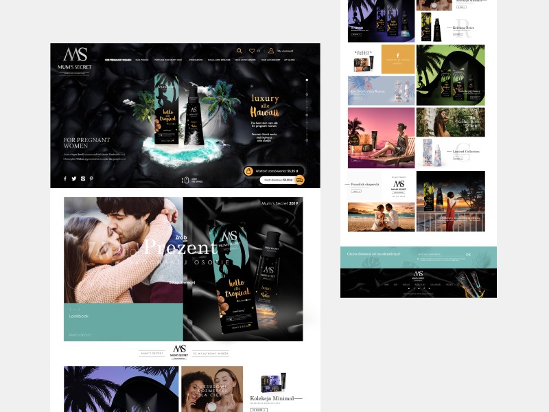 Zrzut ekranu strony internetowej z prezentacją produktów kosmetycznych marki Mum's Secret, z motywem tropikalnym i zdjęciami produktów na tle plaży.