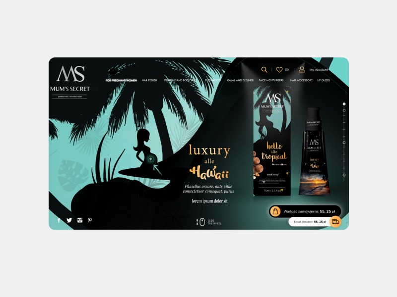 Projekt strony internetowej z motywem tropikalnym, prezentujący kosmetyki marki Mum's Secret, z ilustracjami palm i sylwetki kobiety w ciąży, oraz hasłami 'Luxury alle Hawaii' i 'Hello Tropical'.