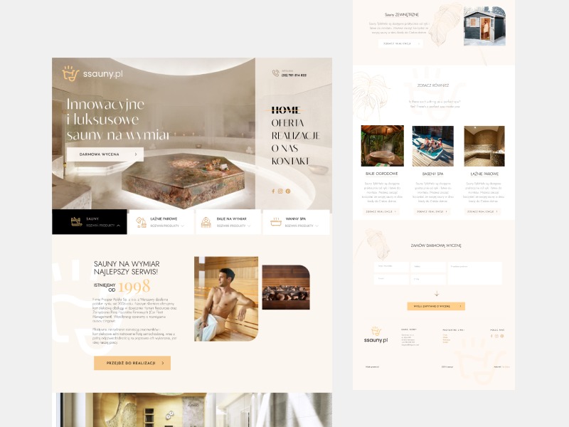 Projekt strony internetowej firmy ssauny.pl z minimalistycznym designem, prezentującej ofertę saun na wymiar, z widocznym logo i menu nawigacyjnym oraz formularzem kontaktowym.