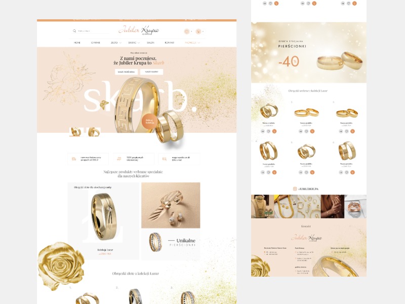 Zrzut ekranu strony internetowej jubilera Krupa prezentujący ofertę pierścionków i obrączek ślubnych w odcieniach złota i beżu, z elementami graficznymi w postaci złotej róży i motyla.