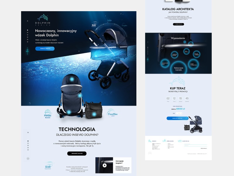 Projekt strony internetowej prezentujący nowoczesny wózek dziecięcy Dolphin z kolekcji Insevio, z podświetleniem LED, ukazujący detale produktu i technologię.