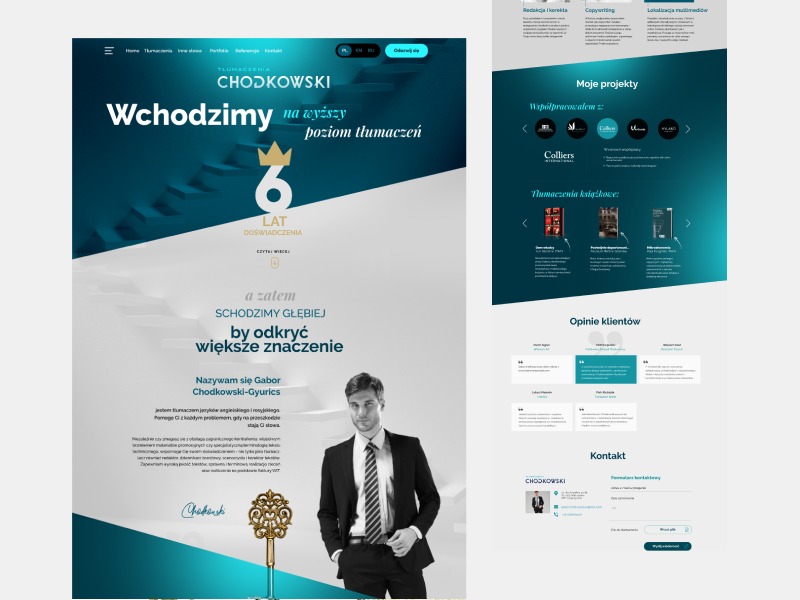 Projekt strony internetowej tłumacza z motywem schodów, logo firmy Chodkowski i zdjęciem właściciela w garniturze, prezentacja portfolio i referencji.