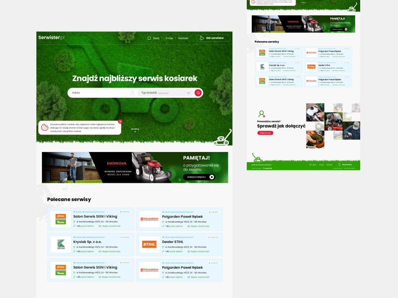 Zrzut ekranu strony internetowej Serwister.pl z motywem kosiarek, prezentujący wyszukiwarkę serwisów kosiarek, baner Hondy i listę polecanych serwisów.