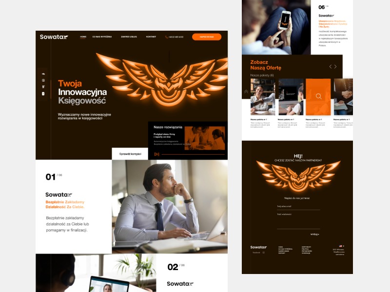 Prezentacja responsywnej strony internetowej z motywem księgowości, wyróżniająca się animowanym logo sowy w neonowym stylu i nowoczesnym układem sekcji z pracującym mężczyzną przed laptopem.
