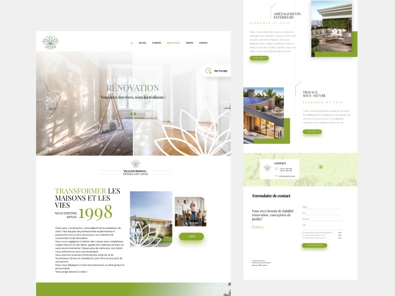 Projekt strony internetowej prezentujący firmę budowlaną z hasłem 'Transforming Homes and Lives', z sekcją prezentującą remontowane wnętrze z drabiną, wizualizacje wykończonych domów i formularz...