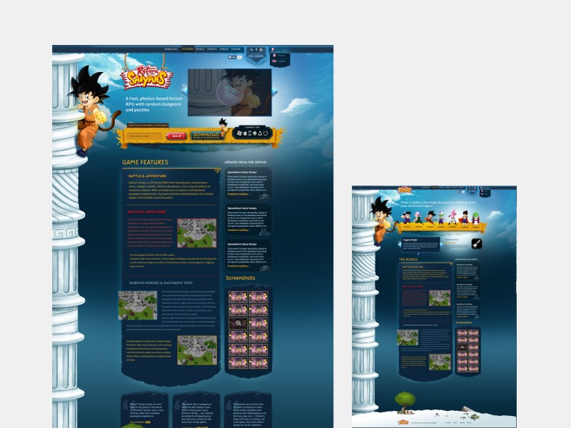 Zrzut ekranu strony internetowej gry RPG z elementami akcji i fizyki, stylizowanej na starożytną Grecję, z postacią anime siedzącą na kolumnie.