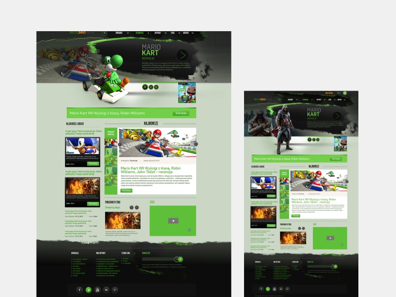 Projekt strony internetowej o tematyce gier, prezentujący recenzję Mario Kart Wii z elementami graficznymi nawiązującymi do gry i konsoli Xbox 360.