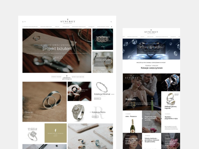 Dwa ekrany komputera prezentujące stronę internetową marki jubilerskiej Syncret, z różnymi sekcjami, w tym 'Stwórz swój unikalny projekt biżuterii', 'Obrączki', 'Kolekcja Glamour', 'Kamienie...