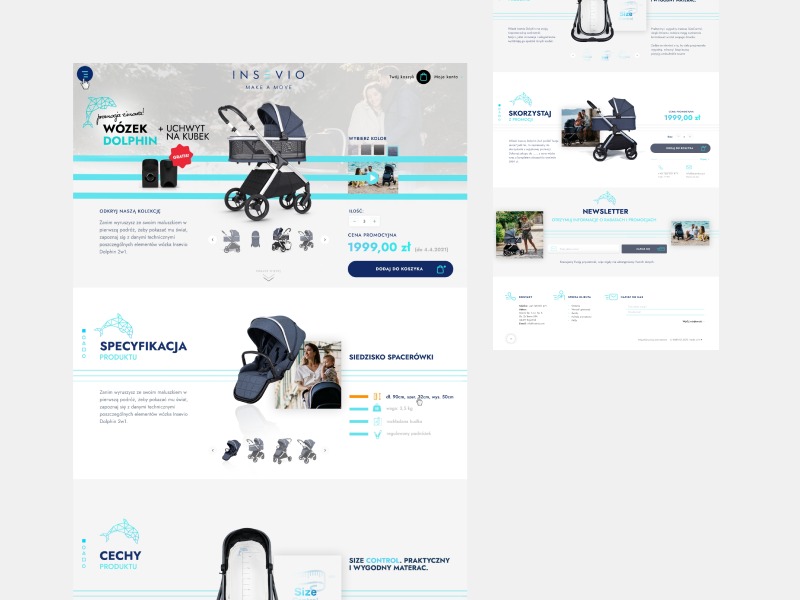 Projekt strony internetowej prezentującej wózek dziecięcy z akcesoriami, widoczne elementy interfejsu, specyfikacja produktu, cena promocyjna i newsletter.