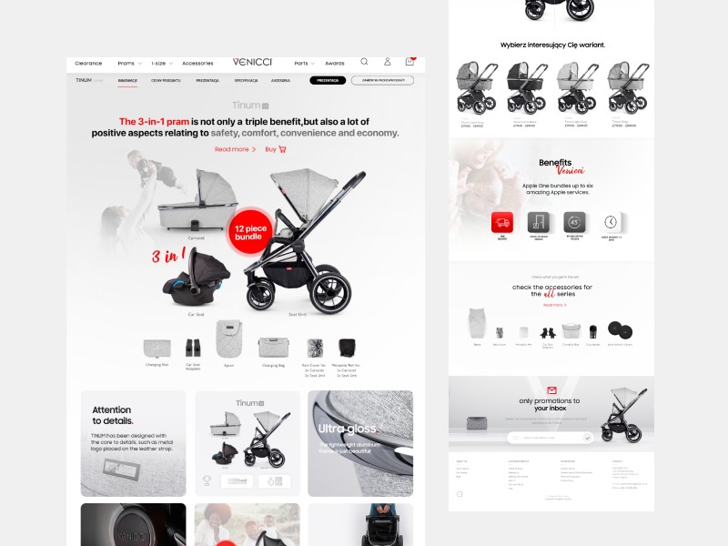 Fragment strony internetowej prezentującej wózek dziecięcy 3w1 marki Venicci Tinum, z opisem zalet, akcesoriów i wariantów kolorystycznych.