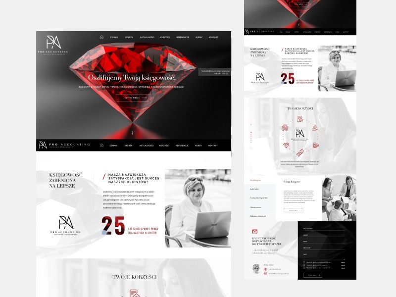 Prezentacja strony internetowej firmy księgowej z motywem dużego, czerwonego diamentu i nowoczesnym układem sekcji.