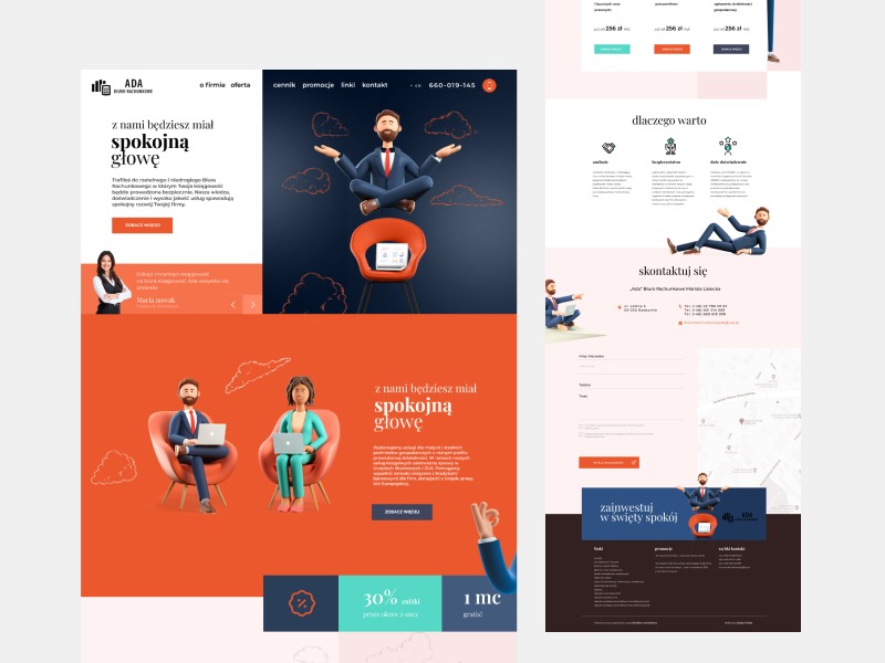 Nowoczesny projekt strony internetowej z ilustracjami 3D postaci w garniturach, prezentujący układ strony głównej i podstron, z akcentami kolorystycznymi w odcieniach pomarańczu i granatu.
