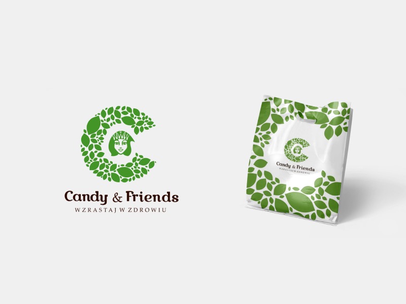 Projekt logo 'Candy & Friends' z motywem liści i wizerunkiem twarzy, zaprezentowany obok torebki z identycznym nadrukiem na jasnym tle.