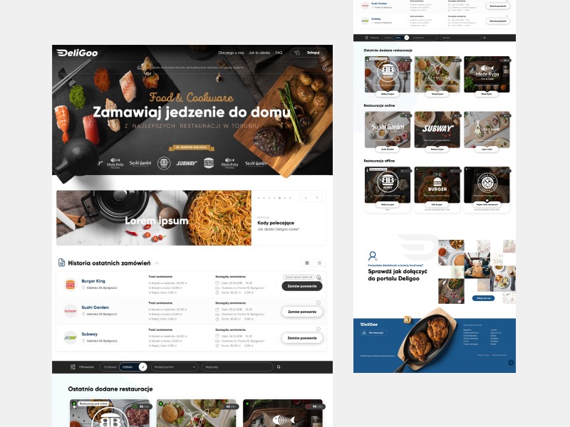 Projekt strony internetowej platformy do zamawiania jedzenia z restauracji, z elementami graficznymi potraw i interfejsem użytkownika.