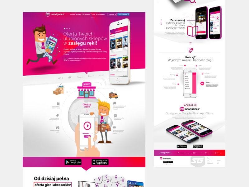 Projekt strony internetowej z grafiką wektorową, prezentujący aplikację mobilną do wyszukiwania ofert sklepów, z motywem różowo-białym i elementami interaktywnymi