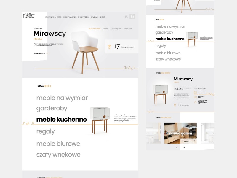 Projekt strony internetowej firmy meblowej Mirowscy, prezentujący minimalistyczny design z akcentem na meble kuchenne, garderoby i meble na wymiar, z czytelną nawigacją i ofertą.