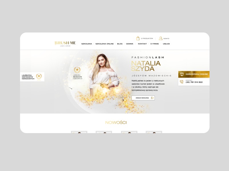Strona internetowa salonu FashionLash z portretem Natalii Szyda, Józefów Mazowieckie, z możliwością rezerwacji online i informacją o nagrodach.