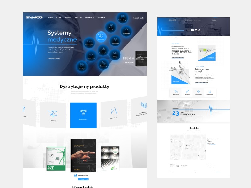 Projekt strony internetowej firmy medycznej z niebieską kolorystyką, prezentujący systemy medyczne i dystrybucję produktów, z widocznymi elementami nawigacji i katalogami.