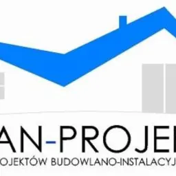 Logo biura projektów budowlano-instalacyjnych 'DiAN-PROJEKT' z niebieskim symbolem domu i szarą bryłą budynku w tle na białym tle.
