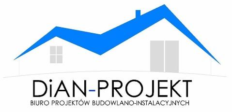 Logo biura projektów budowlano-instalacyjnych 'DiAN-PROJEKT' z niebieskim symbolem domu i szarą bryłą budynku w tle na białym tle.