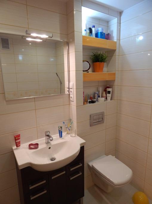 Wykończona łazienka z umywalką na szafce, toaletą i wnęką z półkami. Jasne płytki na ścianach i lustro z oświetleniem. Widoczny detal: roślina w doniczce na półce.