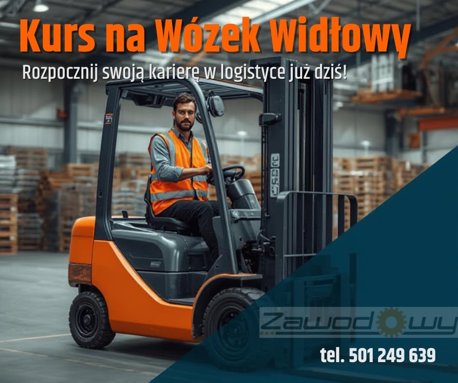 Kurs na wózek widłowy: mężczyzna w kamizelce na pomarańczowym wózku widłowym w magazynie. Reklama kursu z numerem telefonu i hasłem o karierze w logistyce.