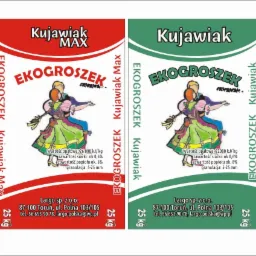 Dwie wersje opakowania ekogroszku KUJAWIAK, czerwona KUJAWIAK MAX i zielona, z grafiką pary w strojach ludowych, informacjami o wartości opałowej, zawartości siarki i popiołu oraz danymi...