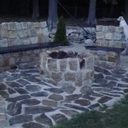 Kamienne palenisko otoczone siedziskami z kamienia i ścieżką z nieregularnych płyt. W tle drzewa i pies opierający się o mur.