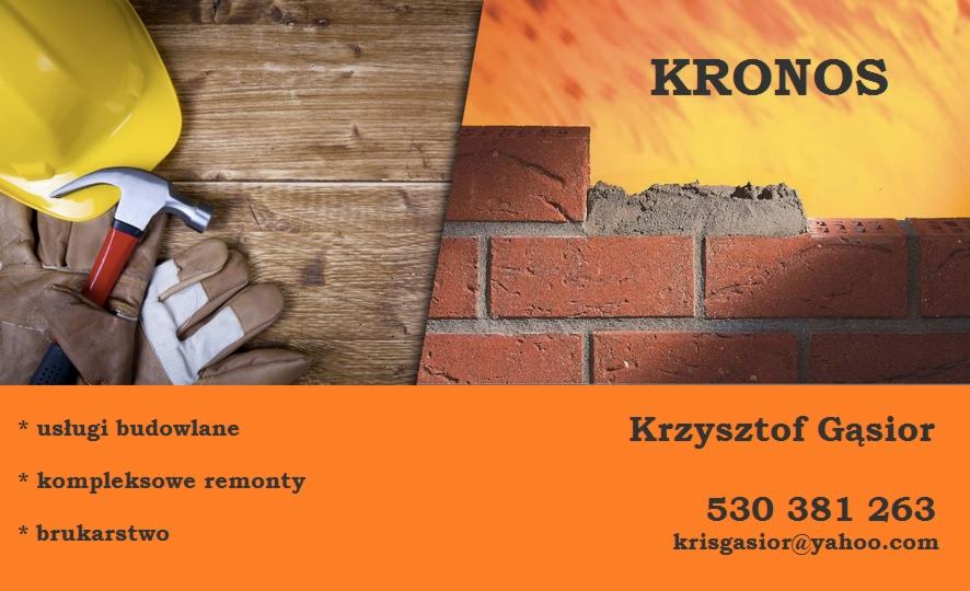 Wizytówka firmy budowlanej Kronos: ceglana ściana w trakcie budowy, narzędzia pracy - rękawice, młotek i kask na drewnianym tle, dane kontaktowe Krzysztofa Gąsiora.