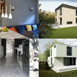 Kolaż czterech różnych ujęć wnętrz i wizualizacji domów: nowoczesna kuchnia z owocami na stole, wnętrze z czarną skórzaną sofą i srebrną ścianą, wizualizacja domu z jasnego drewna na trawniku...