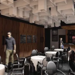 Wizualizacja wnętrza kawiarni z drewnianymi panelami ściennymi, białymi okrągłymi stolikami z czarnymi krzesłami oraz dekoracyjnym sufitem z białych, geometrycznych elementów.