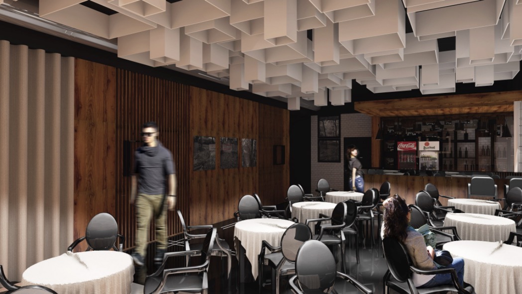 Wizualizacja wnętrza kawiarni z drewnianymi panelami ściennymi, białymi okrągłymi stolikami z czarnymi krzesłami oraz dekoracyjnym sufitem z białych, geometrycznych elementów.