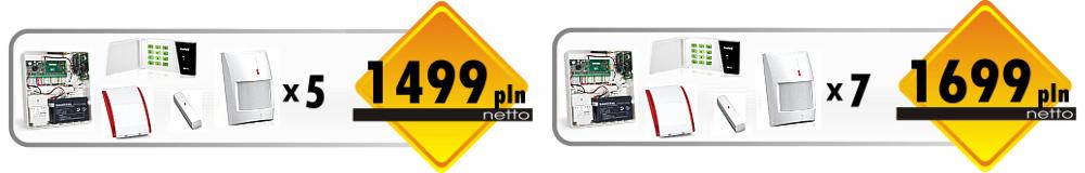 Zestaw elementów systemu alarmowego: centrala z elektroniką, klawiatura, czujnik ruchu, sygnalizator akustyczny i pilot, w dwóch wariantach cenowych.