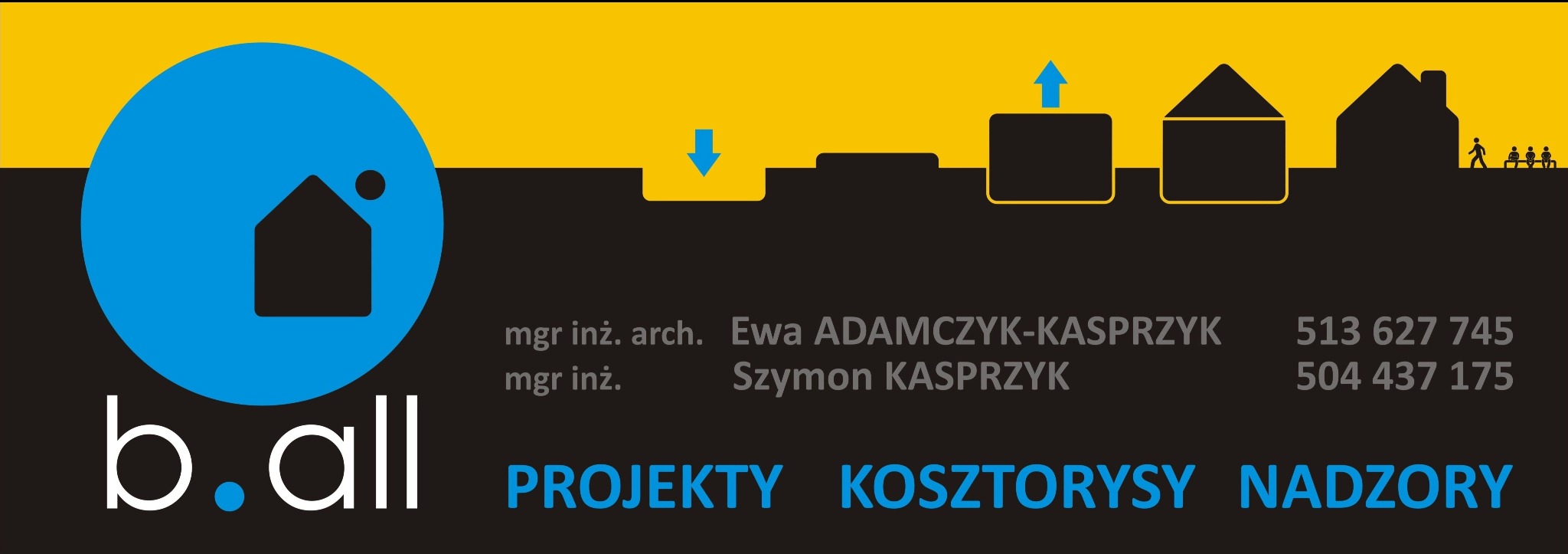 Graficzne logo firmy architektonicznej b.all z ikoną domu w niebieskim okręgu, nazwiskiem Ewy i Szymona Kasprzyk, numerami telefonów oraz hasłami: Projekty, Kosztorysy, Nadzory.
