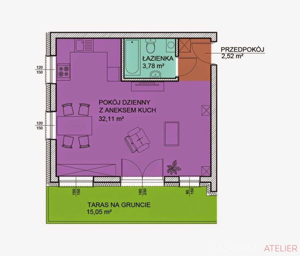 Kolorowy plan mieszkania z zaznaczonym pokojem dziennym z aneksem kuchennym, łazienką, przedpokojem i tarasem na gruncie, z podanymi metrażami poszczególnych pomieszczeń i wymiarami ścian.