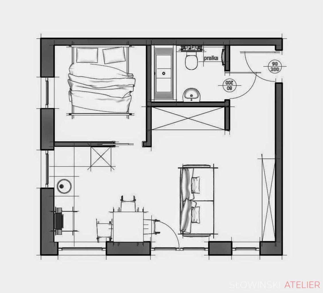 Rzut mieszkania z dwoma sypialniami, łazienką i salonem z aneksem kuchennym, widok z góry, szkic architektoniczny z wymiarami.