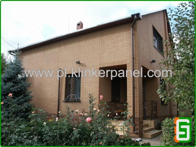 Dom jednorodzinny z elewacją z paneli klinkierowych w odcieniach beżu, widok z ogrodu z kwitnącymi różami. Uwagę zwracają ciemne ramy okienne i brązowe rynny.