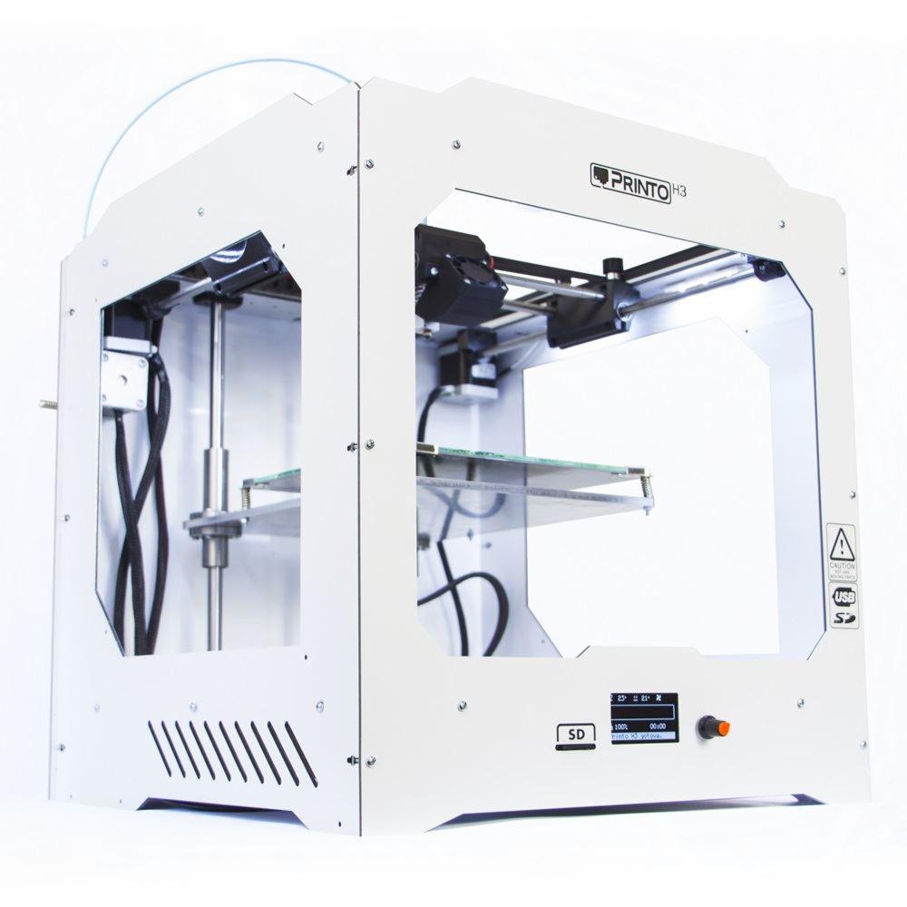 Biała drukarka 3D Printo H3 z widoczną konstrukcją wewnętrzną, metalowymi prowadnicami i szklanym stołem roboczym, panel sterowania z wyświetlaczem i czytnikiem kart SD.