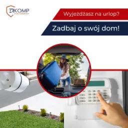 Kamera monitoringu na zewnątrz domu, kobieta pakująca walizkę do bagażnika samochodu i dłoń wprowadzająca kod na klawiaturze alarmu domowego, zabezpieczenie domu przed wyjazdem na wakacje.
