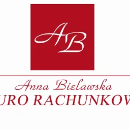 Eleganckie logo biura rachunkowego Anna Bielawska z inicjałami AB na czerwonym tle, podkreślone linią i nazwą biura w kolorze bordowym.