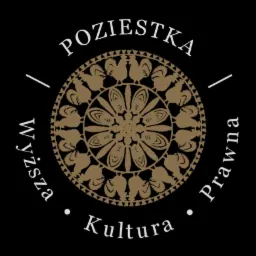 Logo firmy prawniczej: okrągły ornament z motywami kogutów, napis 'POZIESTKA Wyższa Kultura Prawna' na czarnym tle.
