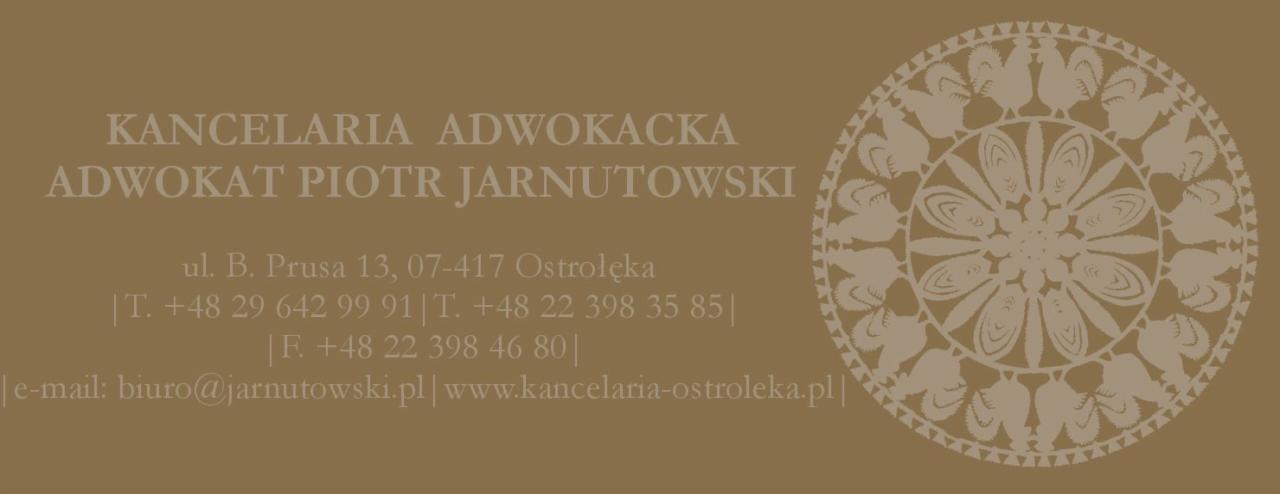 Wizytówka Kancelarii Adwokackiej Adwokat Piotr Jarnutowski z adresem, telefonami, faksem, emailem i stroną internetową, z dekoracyjnym ornamentem ludowym w prawym górnym rogu, utrzymana w tonacji...