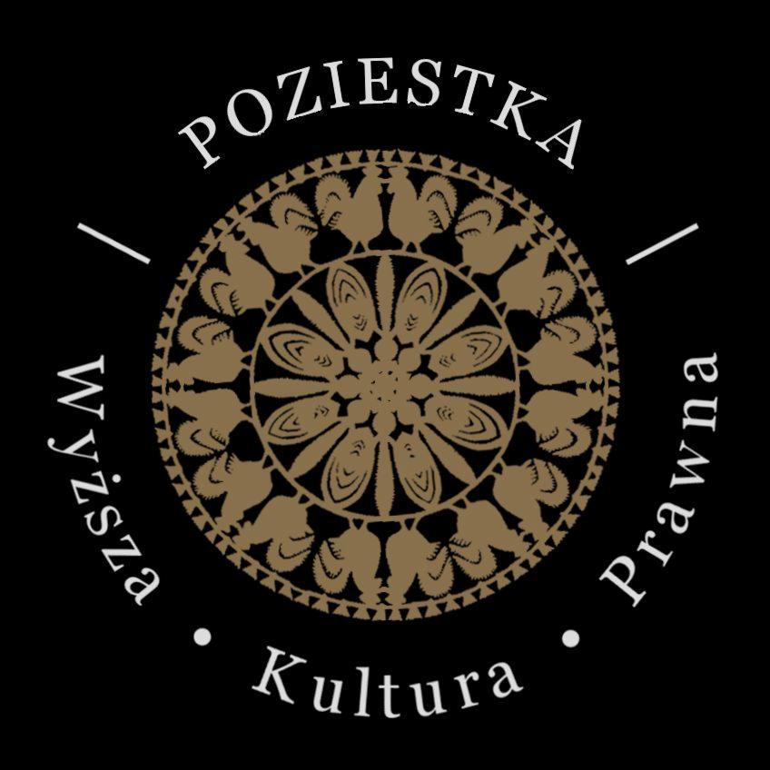 Logo firmy prawniczej: okrągły ornament z motywami kogutów, napis 'POZIESTKA Wyższa Kultura Prawna' na czarnym tle.