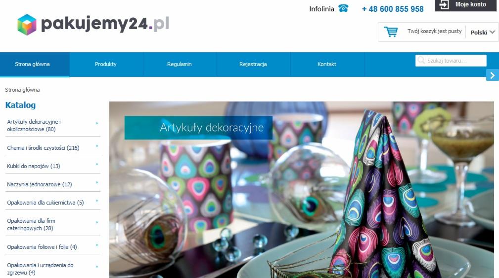 Strona internetowa pakujemy24.pl z artykułami dekoracyjnymi: kubki, naczynia, serwetki z motywem pawich piór i koktajle. Katalog produktów, infolinia, koszyk.