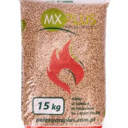 Worek transparentny z pelletem drzewnym MX Plus, z widocznym logo płomienia i napisem '15 kg', oznaczony jako 'Produkt Polski'.