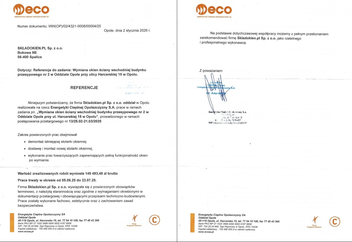 Dokument referencyjny dla firmy Skladokien.pl za wymianę okien w budynku przy ul. Harcerskiej w Opolu, wystawiony przez Energetykę Cieplną Opolszczyzny SA.