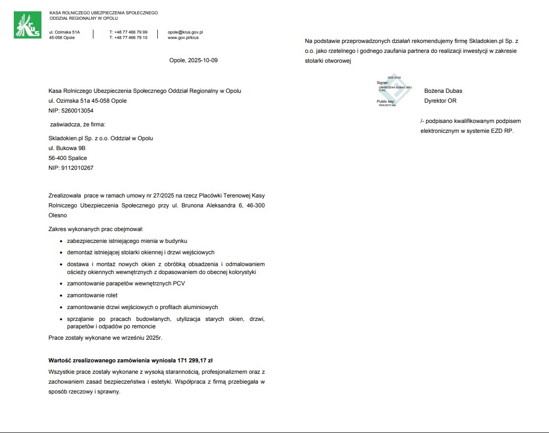 Skan dokumentu: zaświadczenie o zrealizowanych pracach stolarki okiennej i drzwiowej, w tym montaż rolet i drzwi aluminiowych, wystawione przez KRUS dla firmy Skladokien.pl.